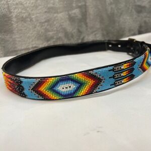 Vintage Beaded Leather Western Belt Black Rainbow Geometric Made in USA 32/80